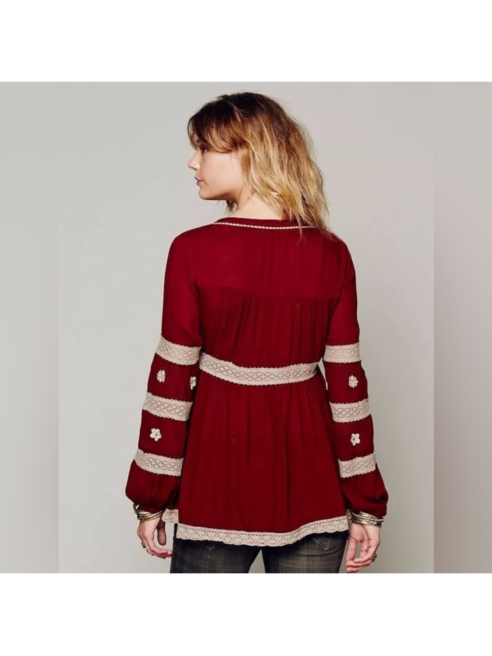 Free People Iris Top NWOT Cranberry XS Boho Embroidered Lace Peasant Blouse - Picture 2 of 7